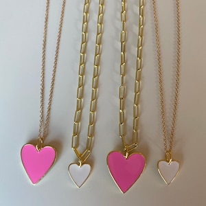 Medium preppy pink and small white heart charm paperclip, thin chain necklace - Perfect for Valentine's Day, birthday, or any holiday!