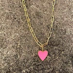 Small pink heart charm paperclip necklace