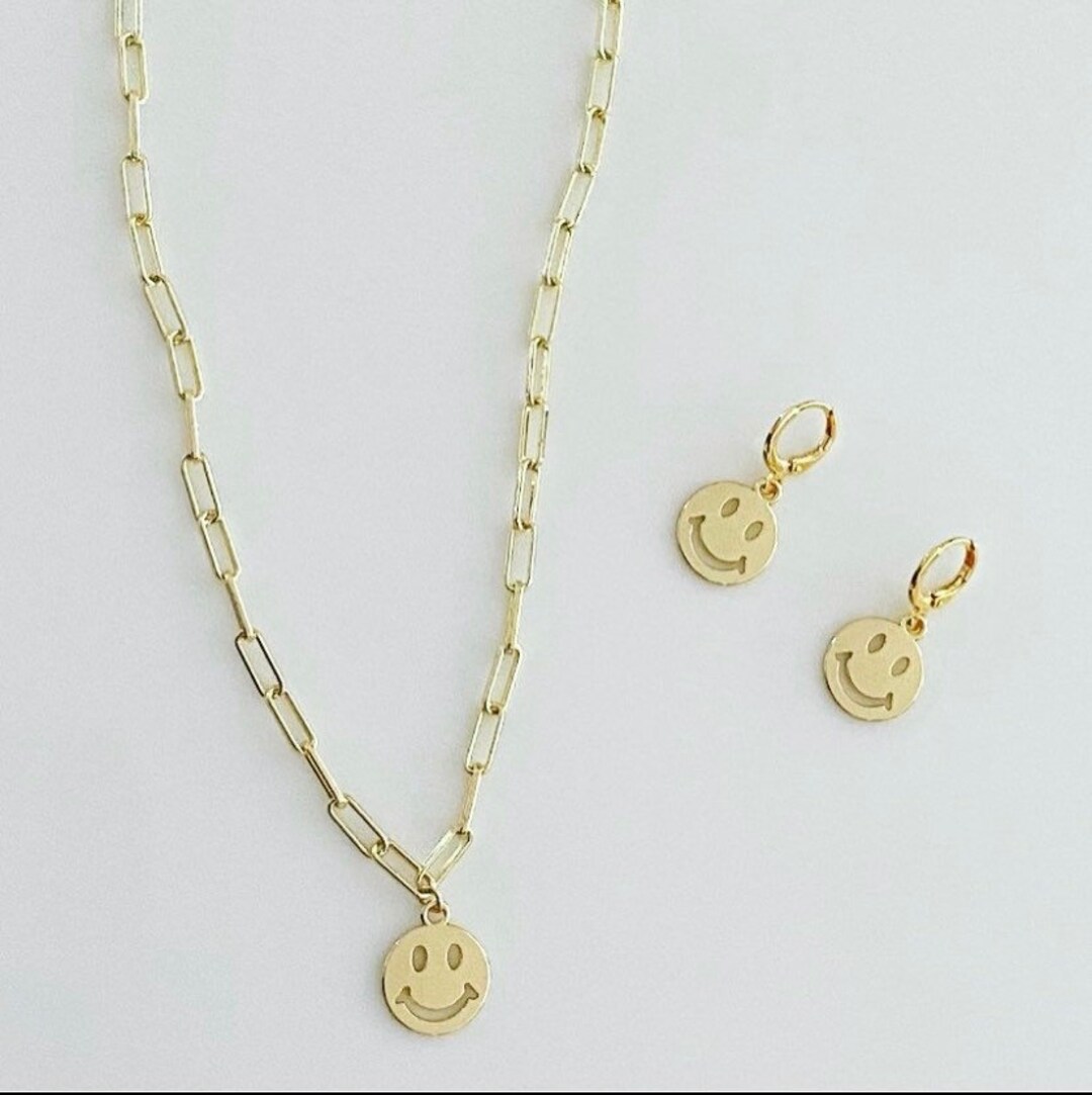 Gold Plated Smiley Face Necklace Paperclip Chain Etsy