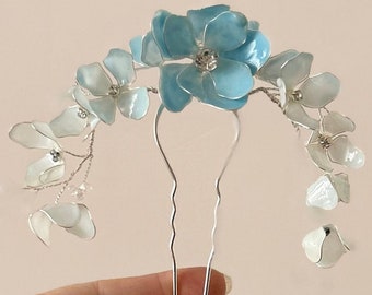 Handgefertigte blaue und weiße Blumen-Harz-Haarspange – Braut, Verlobung, Abschlussfeier, Brautjungfern-Accessoire