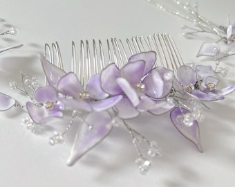 3-delige paarse en witte bloemen handgemaakte UV-hars haarclip en haarspeldset - Aanpasbare kleuraccessoire voor bruid, bruidsmeisje, verloving