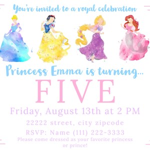 Kids Watercolor Princess Birthday Party DIGITAL Invitation