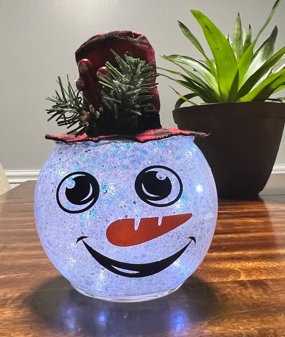 Snowman Decor, Glass Snowman Head, Lighted Glass Snowman Head Decoration, Snowman Head With