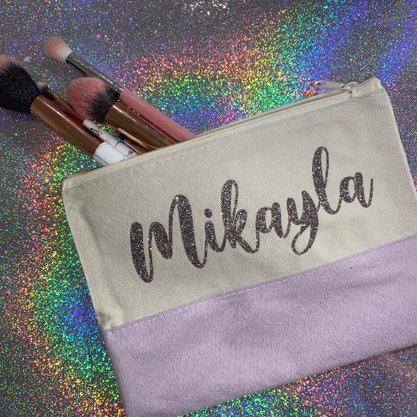 Personalized Color Block Makeup, Brush, Accessory Bag, Faux Suede Zipper Close Clutch, Cosmetic Organizer Tote, Makeup Pouch, Makeup