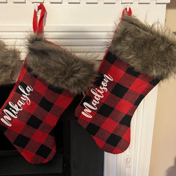 Buffalo Plaid Christmas Stocking / Personalized Stockings For The Family / Red and Black Plaid / Friends / Family / Merry and Bright / Pet /