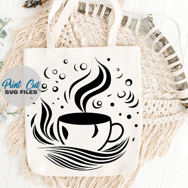 Steaming Coffee Cup, Cafe, Bar Decor Idea Silhouette SVG Print & Cut File, Vector Clipart, Printable Design Artwork