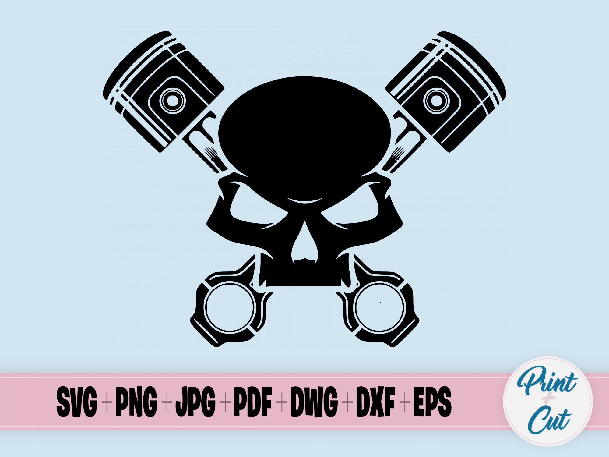 Skull and Pistons SVG, Print & Cut File, Vector Clipart, Biker Racing