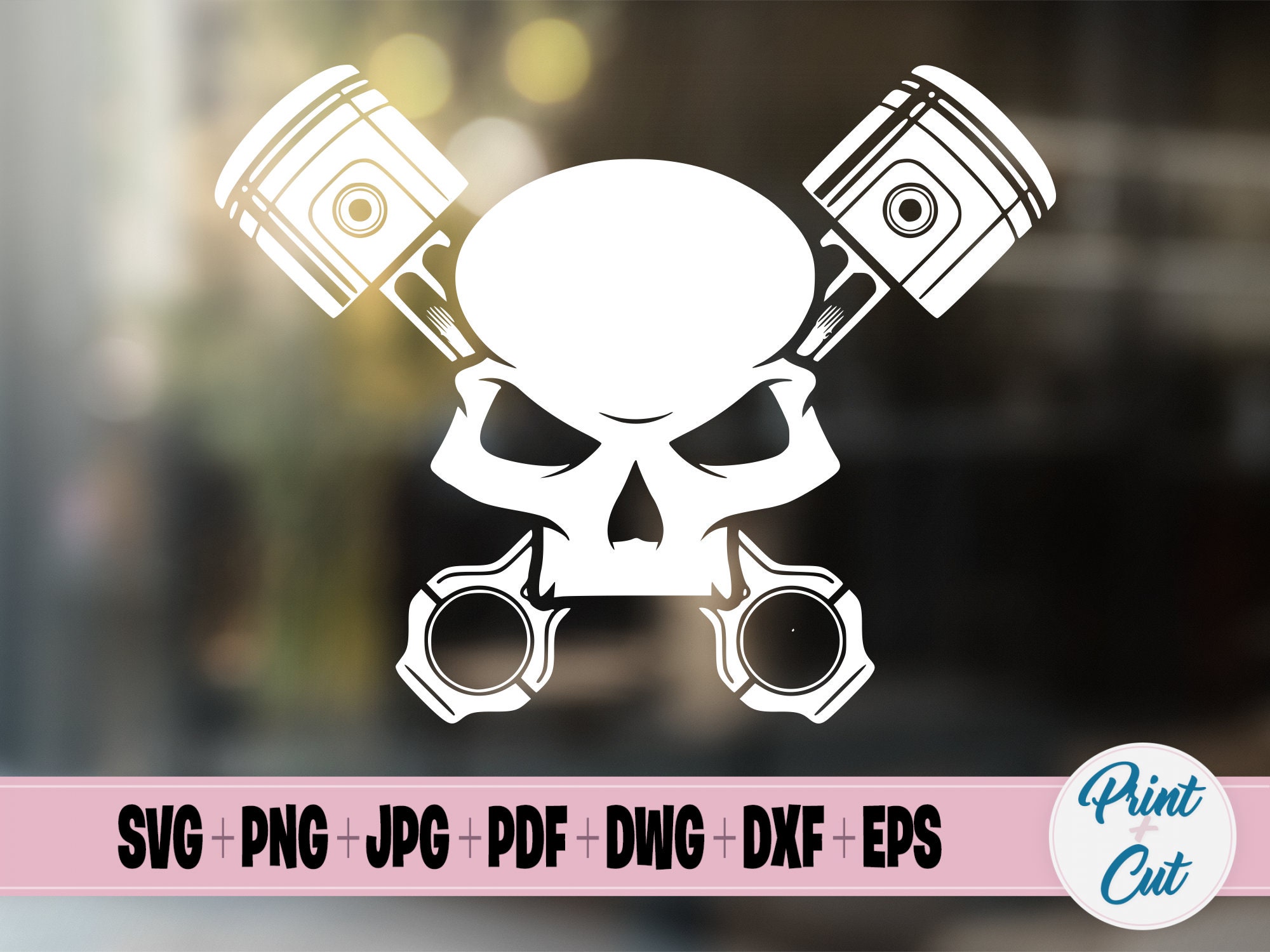 Skull and Pistons SVG, Print & Cut File, Vector Clipart, Biker Racing