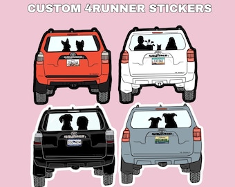 May include: Four custom 4Runner stickers featuring the rear view of orange, white, black, and gray SUVs. Each vehicle displays silhouettes of pets or people in the rear window and unique license plates reading CAT DAD, DOG MOM, and others.