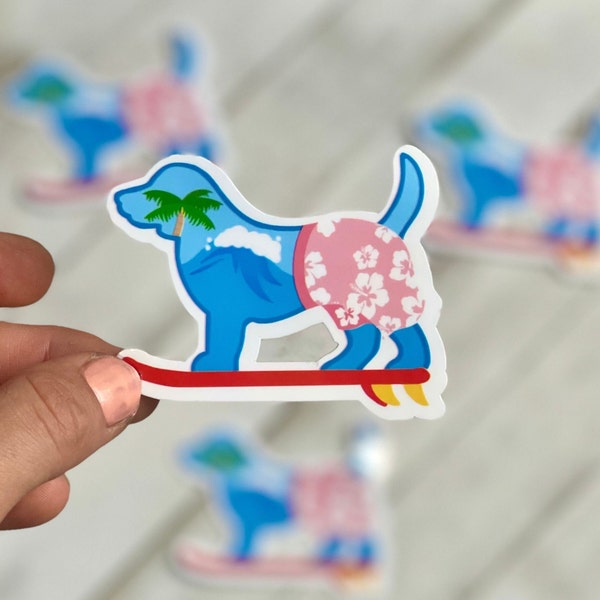 Surf dog | Tropical Island Stickers | Surfing sticker | Hawaiian style stickers | Waterproof Sticker | Dog Lovers | Dog Stickers
