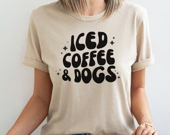Café glacé et t-shirt chiens : texte ondulé rétro, chemise maman chien