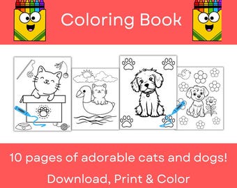 Coloring Book Color Pages Animals Cats Dogs Kids Download and Print Digital Coloring Page