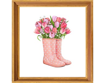Frühlingstulpen in den Regenstiefeln Kunstdruck (Digitaler Download)