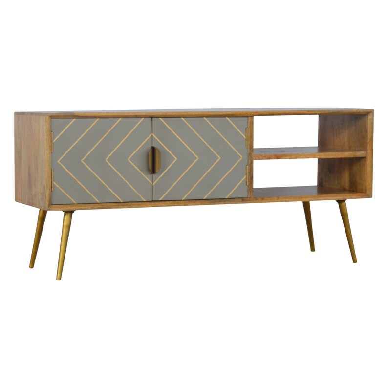 Tv Stand Cement Brass Inlay Media Unit Tv Unit Wood Tv Etsy