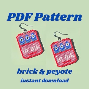 May include: Two beaded earrings with a pink and red design, featuring the text "in ok" and three blue eye-shaped beads. The earrings are attached to silver hooks. The image also includes the text "PDF Pattern", "brick & peyote", and "instant download".