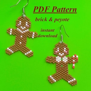 Puede incluir: Un par de pendientes de hombre de jengibre hechos con cuentas. Los pendientes son marrones, blancos y rojos. Los pendientes cuelgan de ganchos de pendientes plateados. El texto "PDF Pattern brick & peyote instant download" está escrito en rojo sobre un fondo verde.