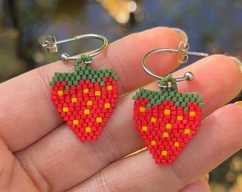 strawberry hoop earrings | strawberry beaded earrings | fruit earrings