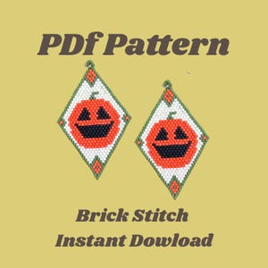 May include: Two diamond-shaped beaded earrings with a jack-o'-lantern design. The earrings feature orange pumpkins with black smiles and are outlined in white, green, and orange. The text "PDF Pattern", "Brick Stitch", and "Instant Download" are displayed.