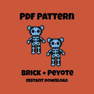 May include: Two beaded skeleton figures in black and light blue are shown on an orange background. The words "PDF PATTERN" are at the top, and "BRICK + PEYOTE" and "INSTANT DOWNLOAD" are at the bottom.