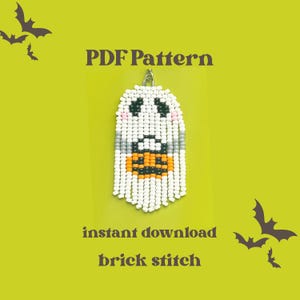 May include: A beaded ghost pendant with a jack-o'-lantern design. The ghost is white with black eyes and mouth, gray accents, and an orange pumpkin. The words "PDF Pattern", "instant download", and "brick stitch" are also visible.