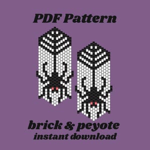 May include: Two beaded spider earrings in black, white, and red, against a purple background. The earrings are rectangular with a spider design. Text at the top reads "PDF Pattern" and at the bottom "brick & peyote instant download."