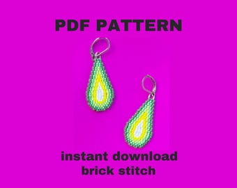 May include: PDF pattern for beaded avocado earrings. The earrings are green and yellow with a white center. The pattern is for brick stitch.