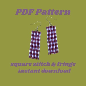 May include: A pair of beaded earrings with a square stitch design and fringe. The earrings feature a pattern of white, purple, and burgundy beads. The text "PDF Pattern" and "square stitch & fringe instant download" are in purple.