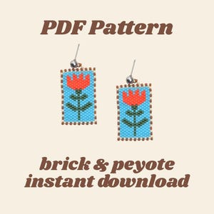 May include: A pair of beaded earrings with a floral design. Each earring displays a red tulip on a light blue backdrop, enclosed by a brown border. The earrings are attached to silver-coloured ear wires. The text "PDF Pattern" and "brick & peyote instant download" are also visible.