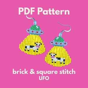 May include: Handmade beaded earrings with a yellow UFO design and a cow graphic. The earrings have a green and blue top, made using brick and square stitch techniques. The text "PDF Pattern" and "brick & square stitch UFO" are displayed on a pink background.