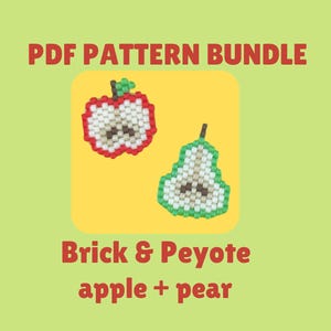 Puede incluir: Paquete de patrones PDF para bordar una manzana y una pera con punto de ladrillo y punto de peyote.
