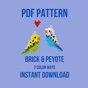 May include: PDF pattern for beading two lovebirds, one yellow and green and the other blue and white, using brick and peyote stitch techniques. The pattern includes two colour ways and is available for instant download.