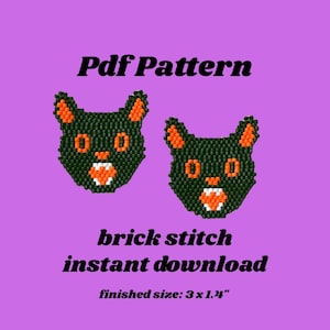 May include: A PDF pattern for brick stitch featuring two black cat faces with orange ears, noses, and mouths. The text "Pdf Pattern", "brick stitch instant download", and "finished size: 3 x 1.4" are displayed on a purple background.