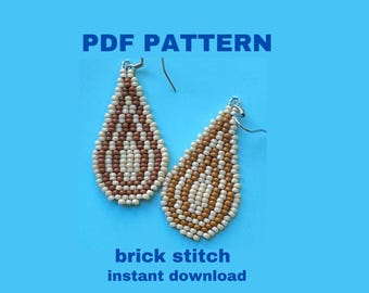 May include: A PDF pattern for beaded earrings in a teardrop shape. The earrings are made with brown and white beads in a brick stitch pattern. The text "PDF PATTERN", "brick stitch", and "instant download" is visible in the image.