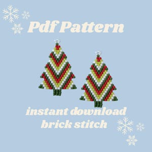 May include: Two beaded Christmas tree ornaments in red, green, and white chevron patterns. The ornaments are on a light blue background with the text "Pdf Pattern" and "instant download brick stitch". Snowflake graphics are also present.