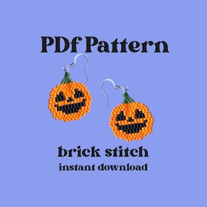 May include: Two beaded pumpkin earrings with black smiling faces and green stems hang against a light purple background. The words "PDF Pattern" and "brick stitch instant download" are printed in black.