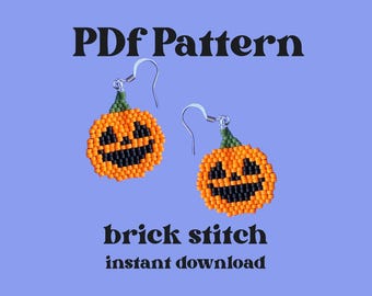 May include: Two beaded pumpkin earrings with black smiling faces and green stems hang against a light purple background. The words "PDF Pattern" and "brick stitch instant download" are printed in black.