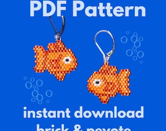 Puede incluir: Patrón PDF para pendientes de pez dorado hechos con cuentas. Los pendientes son de color naranja y blanco y están hechos con punto de ladrillo y peyote. El patrón está disponible para descarga instantánea.