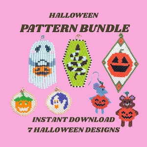 May include: A selection of seven Halloween-themed beaded patterns. Designs include a ghost, coffin with a snake, jack-o'-lantern, and other spooky characters. The text reads "Halloween Pattern Bundle" and "Instant Download 7 Halloween Designs."