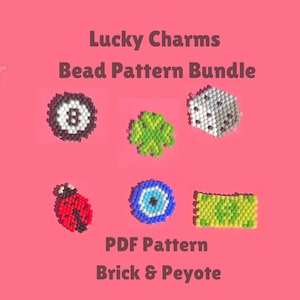 May include: A set of six bead patterns for lucky charms, including a four-leaf clover, a dice, a ladybug, an evil eye, a money bill, and a pool ball. The patterns are for brick stitch and peyote stitch beading. PDF Pattern Brick & Peyote.