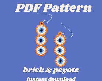May include: Two beaded earrings with an evil eye design, featuring orange, white, and blue beads. The earrings hang from silver hooks. The background is a solid blue with the text "PDF Pattern", "brick & peyote", and "instant download".