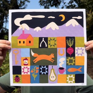 Väggkonst för folkkonst och landskap, landsbygdstryck i akvarellstil, naiv konststil, utskrivbart konstverk 32x32 kvadratiskt | Seattle Artist