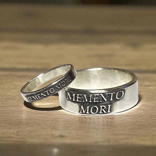 Couples Memento Mori Sterling Silver Rings Set: Gothic Promise Wedding Rings Stoic Inspirational Bands
