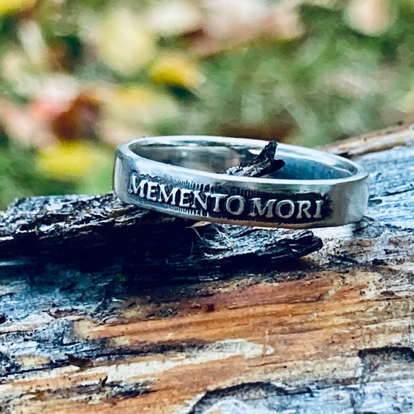 Womens Memento Mori Sterling Silver Ring Remember Jewelry Engagement Promise Ring Jewelry Halloween Gothic Thin Band Minimalist Ladies Ring