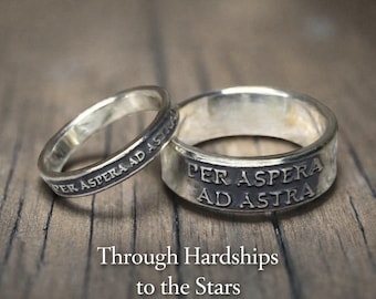 Per Aspera Ad Astra Couples Rings – Sterling Silver Matching Wedding Bands – Latin Promise Rings – Through Hardship to the Stars Made in USA
