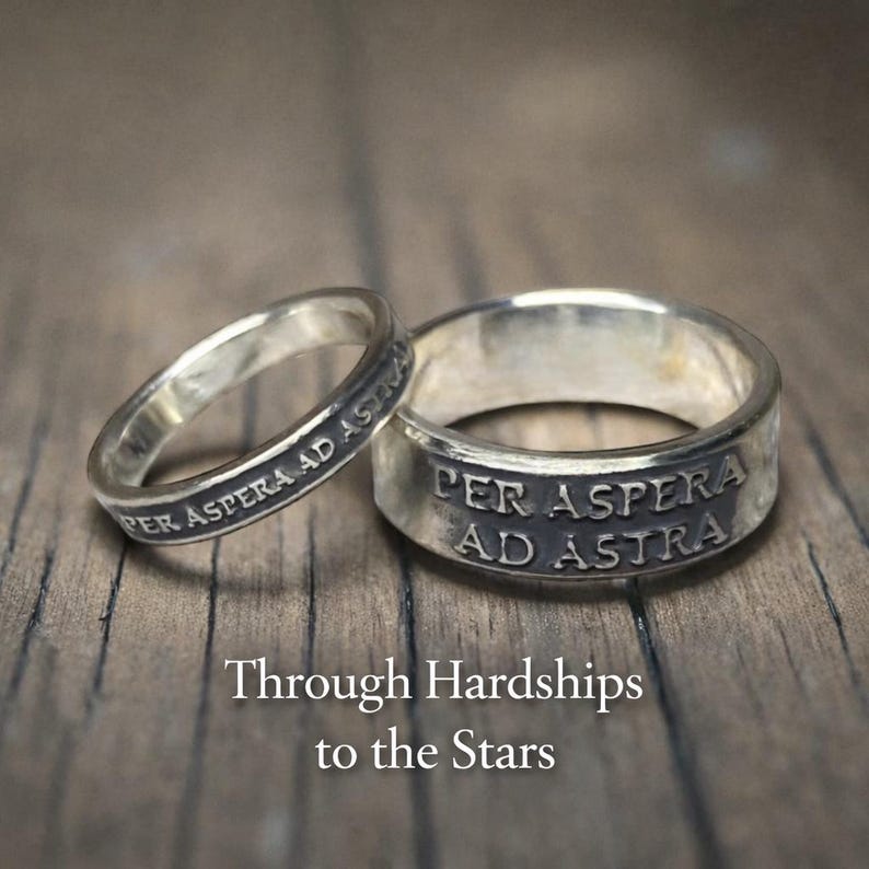 Per Aspera Ad Astra Couples Rings – Sterling Silver Matching Wedding Bands – Latin Promise Rings – Through Hardship to the Stars Made in USA image 1