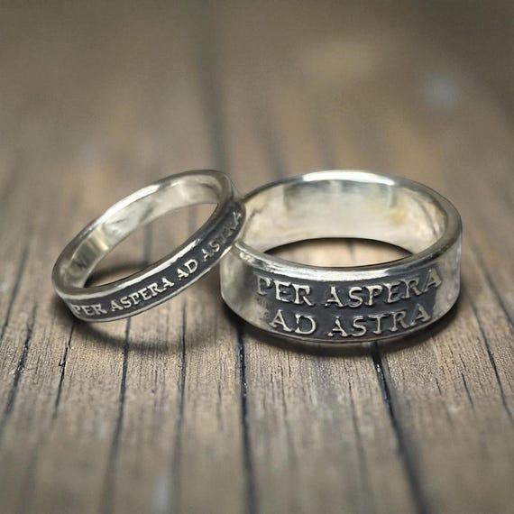 Per Aspera Ad Astra Couples Rings – Sterling Silver Matching Wedding Bands – Latin Promise Rings – Through Hardship to the Stars