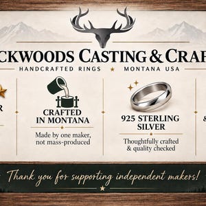 May include: A promotional graphic for Backwoods Casting & Crafts featuring a deer antler logo, a silver ring, and text highlighting 1,800+ 5-star reviews, Montana-based crafting, 925 sterling silver material, and fast shipping services.