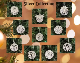 Gehaakte kerstballen: Zilveren ornamentencollectie, 10 ballen (PDF-patroon)