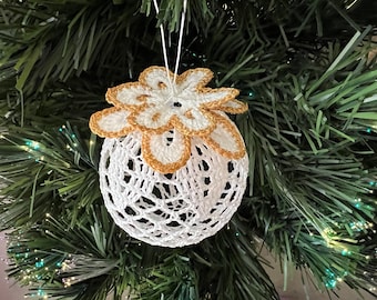 Pattern Ball with Flower Crochet Christmas Tree Ornament Decor Gift Vintage Traditional Original Unique Wedding DIY PDF