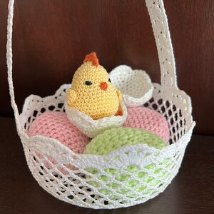 Crochet Pattern Easter Basket with Eggs and Hatched Chicken PDF